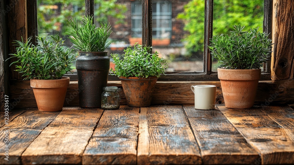 Fototapeta premium Charming Indoor Herb Garden with Potted Plants and Rustic Window Decor