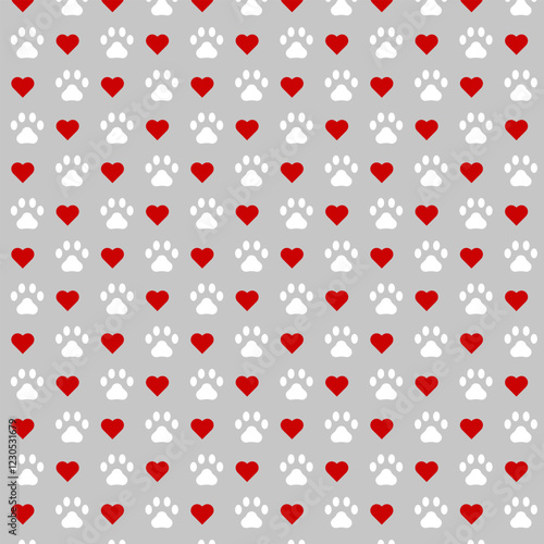 Puppy paw with heart pattern. Vector set. EPS 10. Cute background