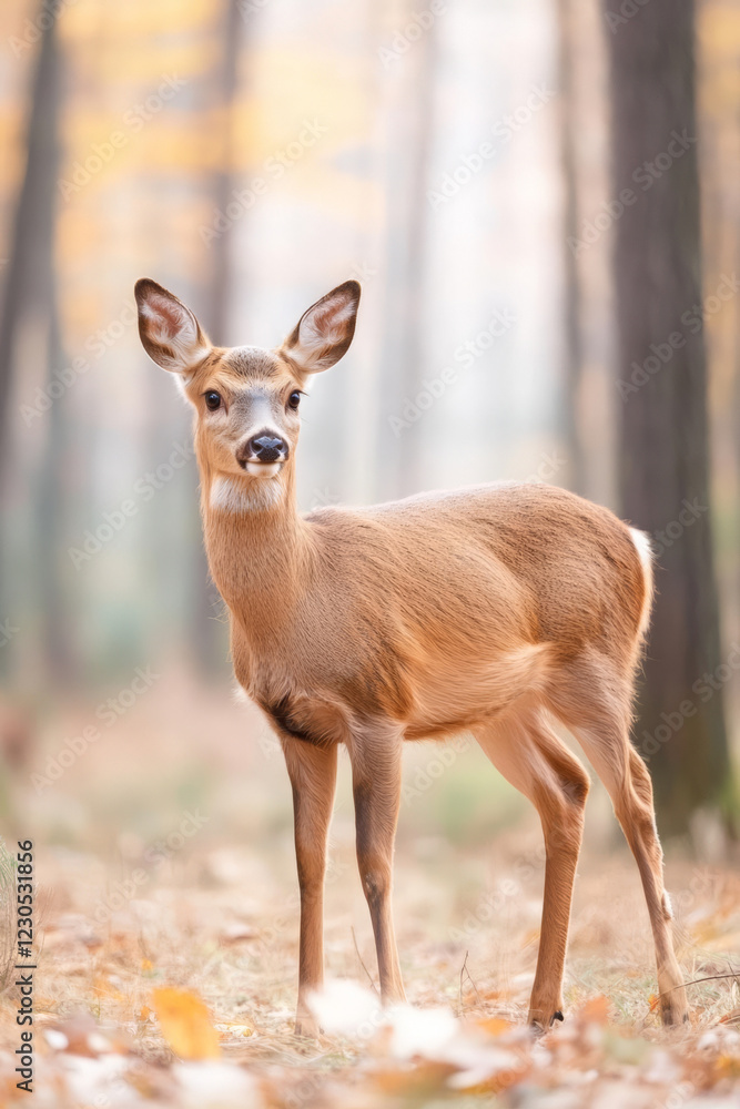 Young deer standing in forest with autumn foliage, showcasing nature beauty Young deer standing in forest with autumn foliage, showcasing nature beauty
