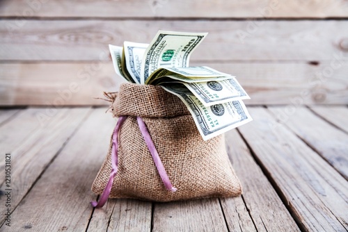 money in burlap sack on wooden backgroundand and photo