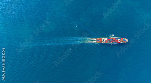 Top view Container ship full capacity approaching port International Container ship loading, unloading at sea port, Freight Transportation, Shipping,Logistics, import export, Transportation. Global