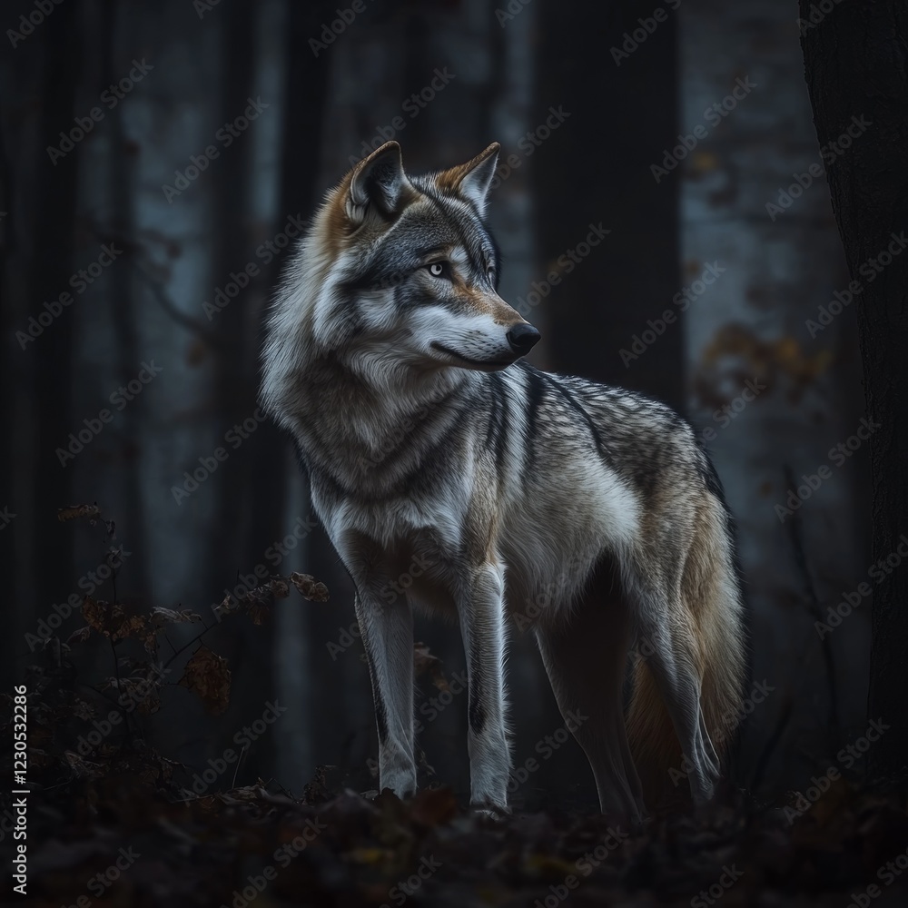 Obraz premium A wolf stands in a forest, looking at the camera. The image has a moody and mysterious feel, as the wolf is the only visible creature in the scene. The darkness of the forest