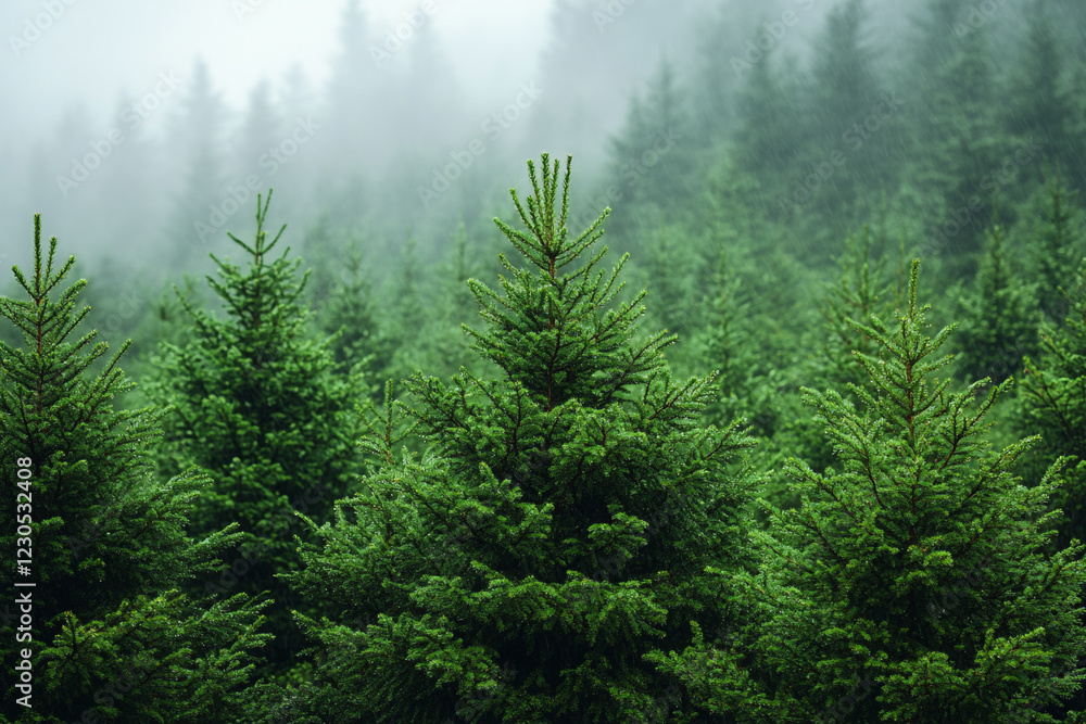 Fototapeta premium Rain falls on a dense evergreen forest of young trees