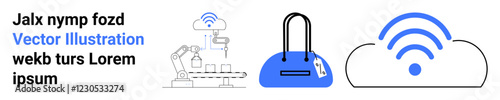 Industrial robot arm assembly linked to a cloud, a smart handbag with connectivity features, and a blue cloud with a wireless signal. Ideal for tech innovation, AI, IoT, smart devices, digital