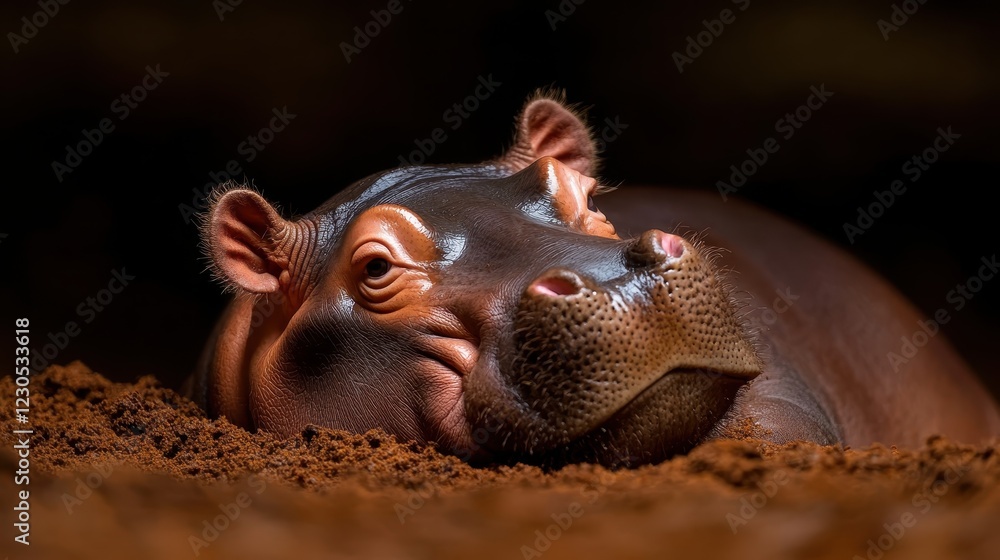 Obraz premium An engaging moment captured of a hippo resting in its natural habitat, showcasing its unique features and the serene environment that envelops this majestic creature.