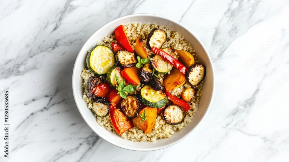 A plain bowl of fresh quinoa topped with roasted vegetables and a light drizzle of olive oil, arranged in a minimalist white bowl, Bowl centered A plain bowl of fresh quinoa topped with roasted vegetables and a light drizzle of olive oil, arranged in a minimalist white bowl, Bowl centered