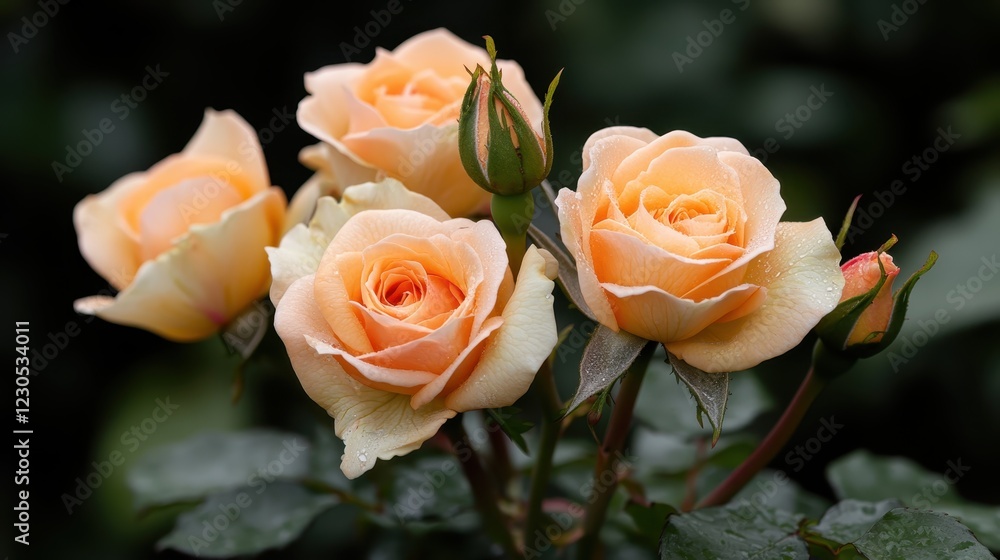 A beautiful cluster of graceful peach roses accentuated with dew on the petals, evoking a sense of freshness and tranquility, perfect for any floral setting. A beautiful cluster of graceful peach roses accentuated with dew on the petals, evoking a sense of freshness and tranquility, perfect for any floral setting.