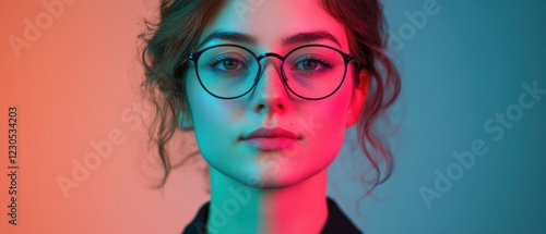 Wallpaper Mural Portrait of a young Caucasian woman with glasses and split lighting in pink and teal Studio shot with a colorful, trendy, and modern aesthetic Torontodigital.ca