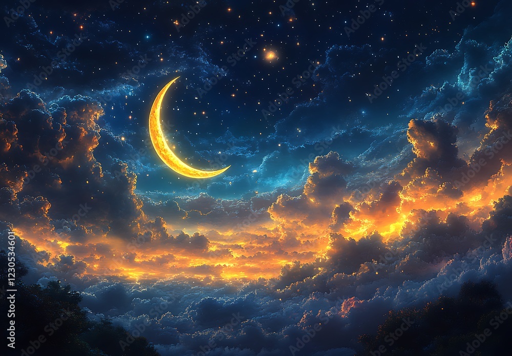Fototapeta premium Crescent Moon in Starry Sky with Clouds Illuminated by Hidden Sun Below Horizon