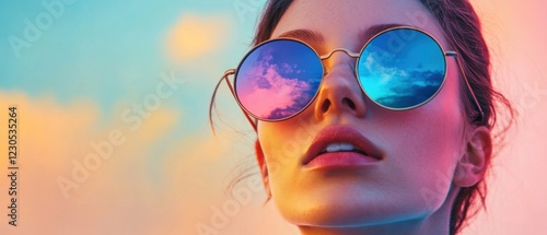 Wallpaper Mural Closeup of a young adult woman wearing round gold sunglasses reflecting a colorful sunset sky, with a dreamy and ethereal mood Concept of fashion, summer, and travel Torontodigital.ca