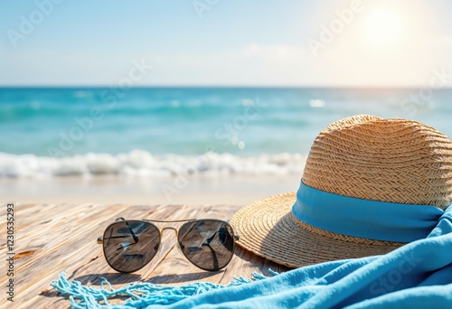 Straw hat with blue ribbon, sunglasses, and light blue scarf on wooden deck by the beach. Summer vacation and travel concept. Design for poster, banner, postcard, greeting card. photo