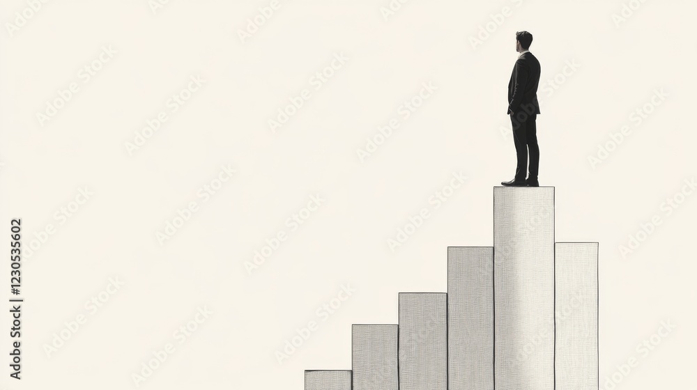 Businessman standing atop a rising bar graph, symbolizing success and achievement. Businessman standing atop a rising bar graph, symbolizing success and achievement.