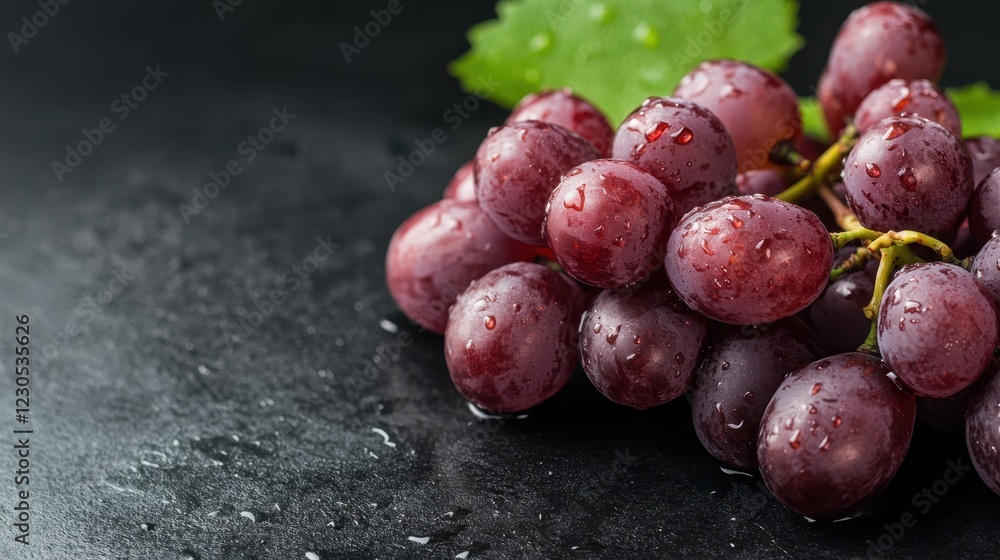 A visually appealing bunch of purple grapes adorned with sparkling rain drops, presenting a fresh appeal that emphasizes their natural beauty and rich texture. A visually appealing bunch of purple grapes adorned with sparkling rain drops, presenting a fresh appeal that emphasizes their natural beauty and rich texture.