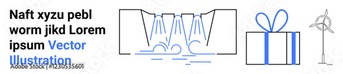 Waterfall with flowing lines, wrapped gift box with blue bow, and wind turbine. Sample text on the left. Ideal for environmental themes, sustainability, renewable energy, nature, eco-friendly
