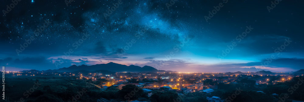 Naklejka premium Night scene of town nestled in mountains under starry sky