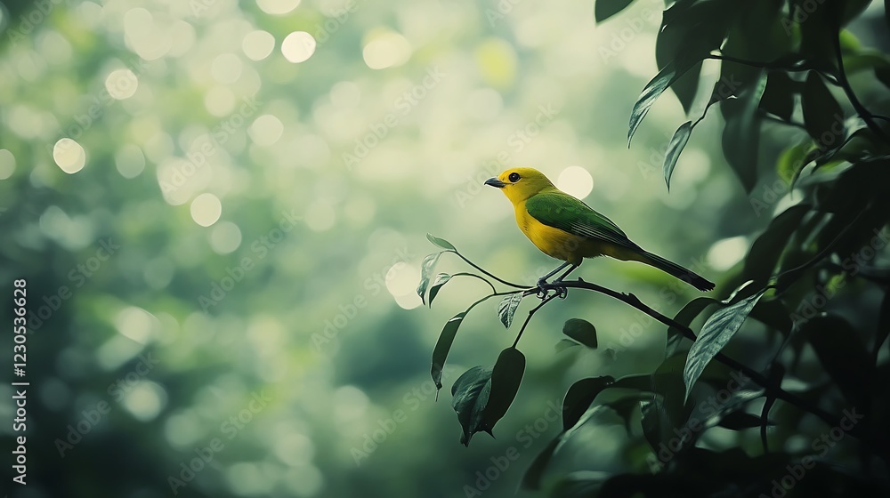Bird perched on branch, bokeh forest backdrop, use nature Bird perched on branch, bokeh forest backdrop, use nature