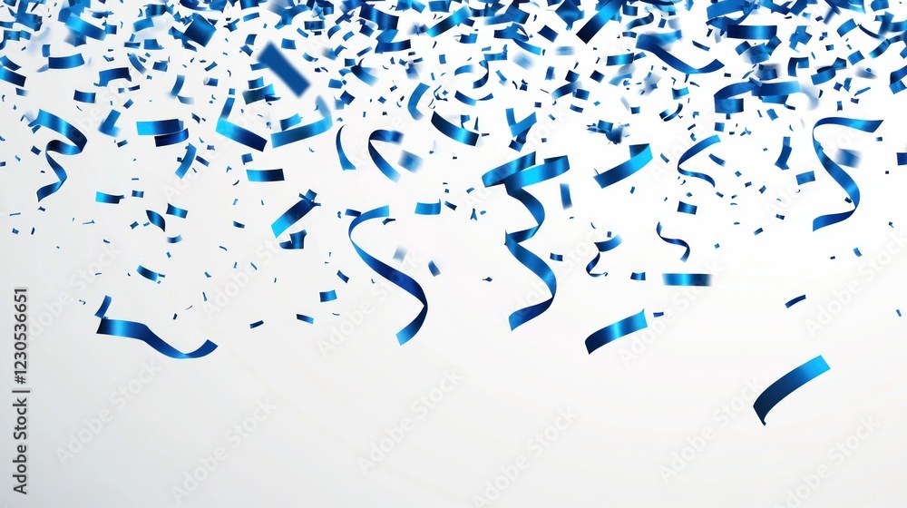 Blue Confetti Ribbons Falling On White Background Blue Confetti Ribbons Falling On White Background