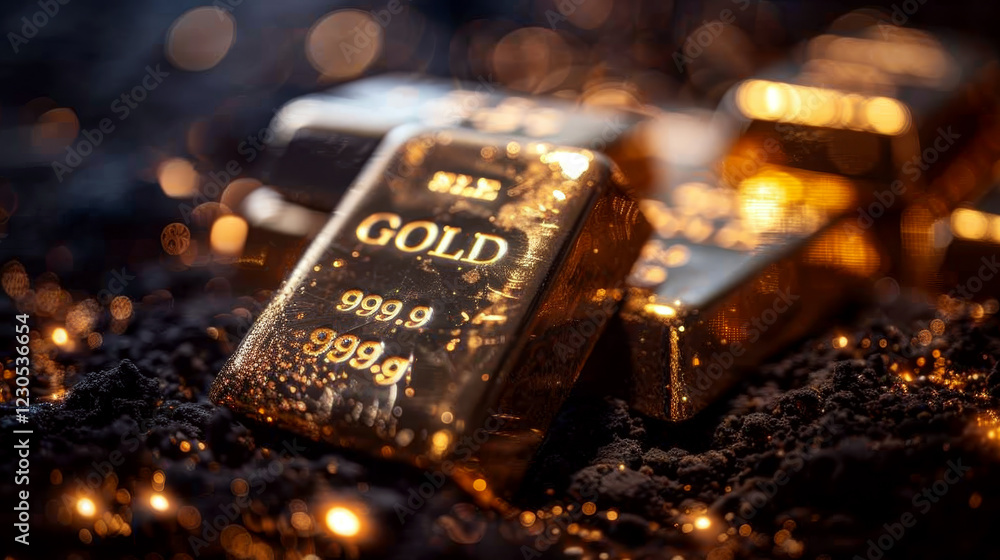 Gold bar resting on dark soil, engraved with Gold bar resting on dark soil, engraved with
