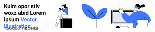 Relaxed woman using tablet, large blue leaf, professional on video call at desk. Ideal for remote work, digital communication, technology lifestyle, work-life balance, online learning, relaxation