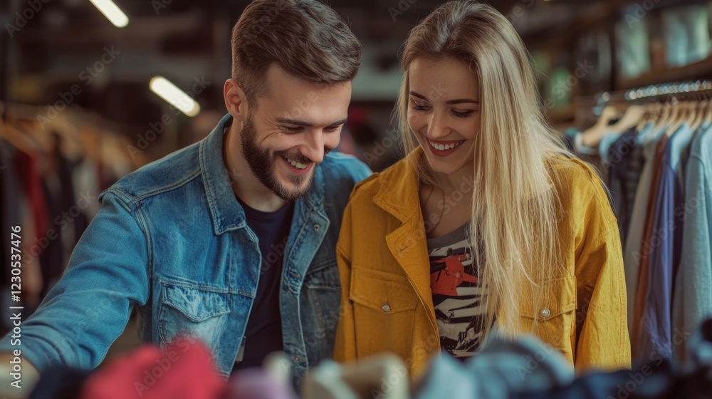 Fototapeta premium Young couple choosing clothes from sustainable second hand shop