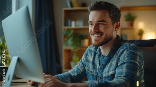 Young man having Zoom video call via a computer in the home office. Stay at home and work from home concept during Coronavirus pandemic. Smiling handsome man teleworking