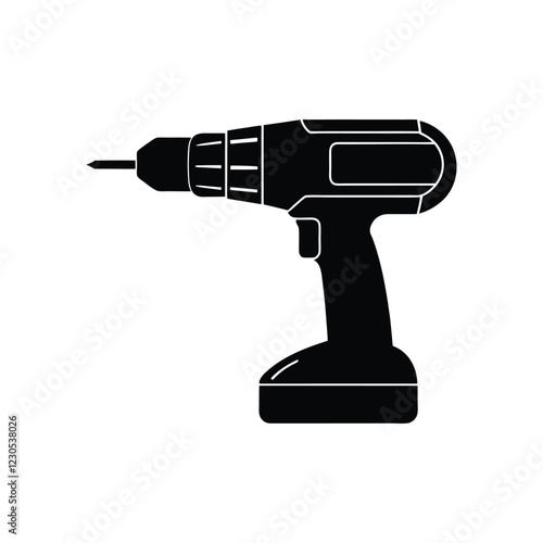 Cordless power drill silhouette vector illustration for construction tools, workshop equipment, handyman repair, industrial machinery, and tool clipart design.