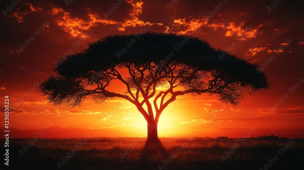 Fototapeta premium Silhouette of acacia tree at sunset in African savanna.