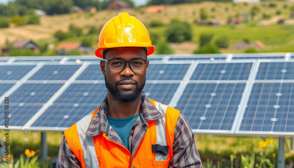 Obraz premium Portrait of african american engineer on background field of photovoltaic solar panels. Black man technician at solar station , with white tonespng