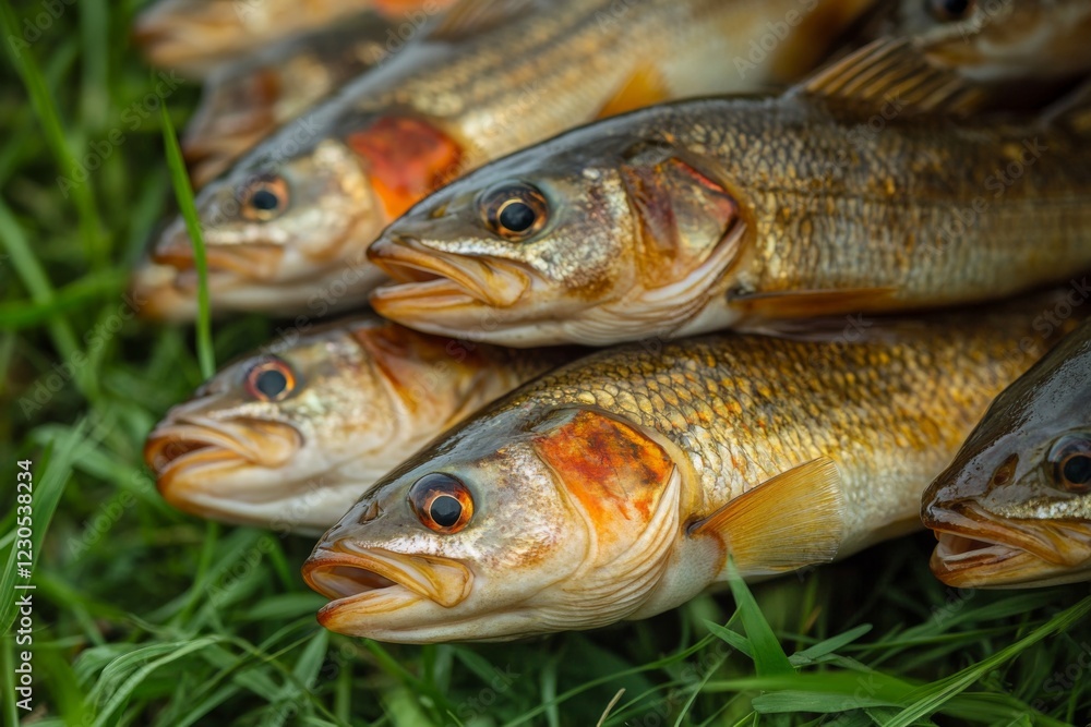 Freshly Caught Fish on Grass Freshly Caught Fish on Grass