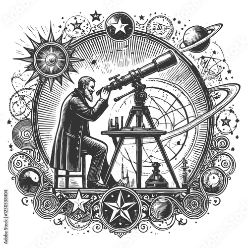 Astronomer Observing Stars with Telescope vector