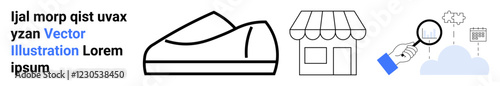 Shoe drawing, store icon, magnifying glass examining shopping cart and cloud symbol, placeholder text. Ideal for ecommerce, retail, market research, product design, analytics, shopping, technology