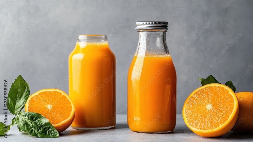 An inviting scene of freshly squeezed orange juice in elegant bottles displayed alongside whole oranges, showcasing vibrant colors and the essence of summer’s bounty. An inviting scene of freshly squeezed orange juice in elegant bottles displayed alongside whole oranges, showcasing vibrant colors and the essence of summer’s bounty.