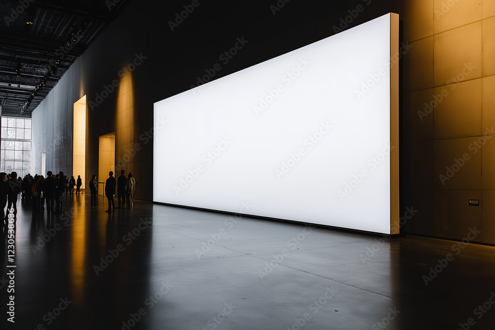 Large illuminated blank digital screen in a dark exhibition hall with visitors, futuristic advertising display, modern technology, interactive presentation, and multimedia innovation concept Large illuminated blank digital screen in a dark exhibition hall with visitors, futuristic advertising display, modern technology, interactive presentation, and multimedia innovation concept