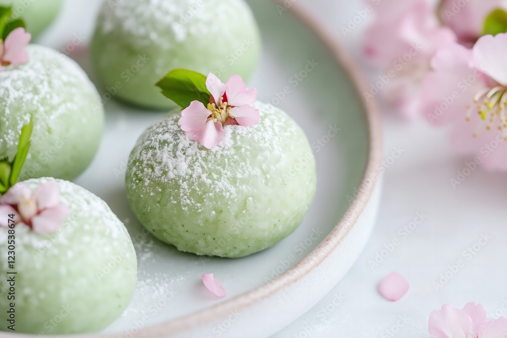 Zen-inspired composition featuring perfectly round matcha mochi with a subtle sakura filling, their muted green hues providing a harmonious contrast to the soft pink cherry blossom garnish Zen-inspired composition featuring perfectly round matcha mochi with a subtle sakura filling, their muted green hues providing a harmonious contrast to the soft pink cherry blossom garnish