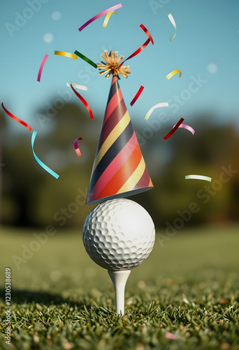 Concept for celebration events at a golf course or for a golf enthusiast with golf ball on tee wearing party hat and blow-out streamers coming down from top , with white tonespng photo