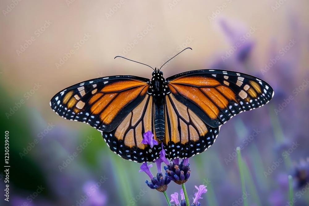 Naklejka premium A monarch butterfly rests gracefully on a lavender flower, highlighting its vibrant orange and black wings against soft pastel colors. A stunning display of nature's beauty captured in high clarity