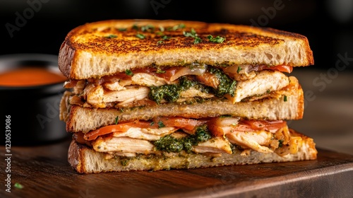 A delicious toasted chicken sandwich layered with pesto, fresh tomatoes, and herbs brings a delightful burst of flavors and textures to your meal experience. photo