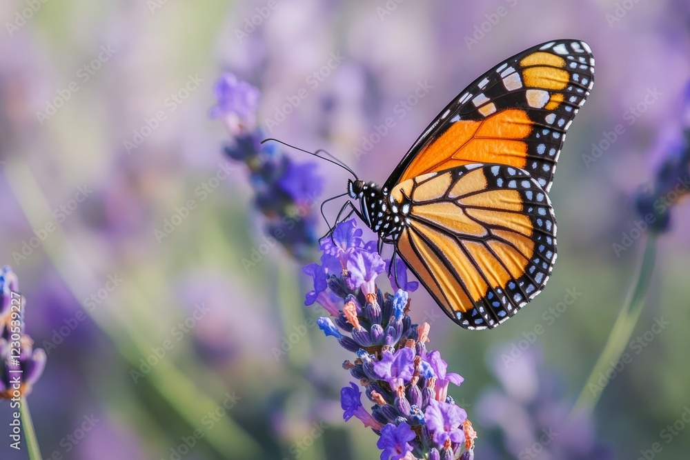 Fototapeta premium A monarch butterfly delicately perches on a lavender flower, revealing its intricate wing patterns. This serene moment captures the harmony of nature during daylight hours