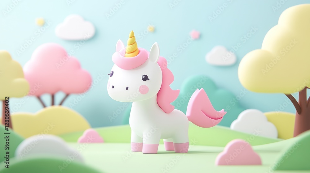 Fototapeta premium Cute unicorn in pastel landscape, spring scene, kids illustration