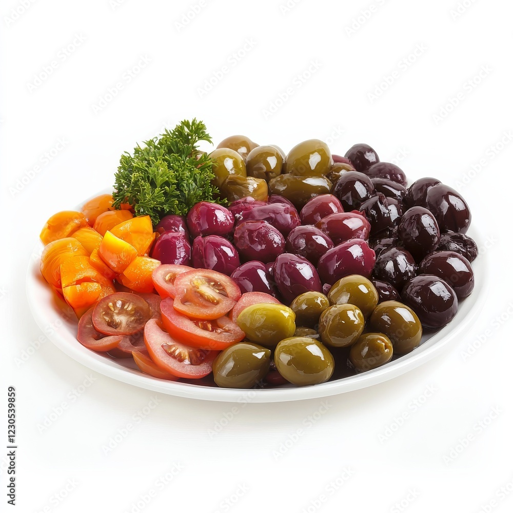 A platter of assorted marinated olives and pickled vegetables, isolated white background, hyperrealism art style A platter of assorted marinated olives and pickled vegetables, isolated white background, hyperrealism art style