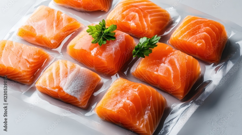 An elegant presentation of premium salmon fillets, beautifully arranged and vacuum-sealed to ensure freshness, making it an appetizing option for health-conscious consumers. An elegant presentation of premium salmon fillets, beautifully arranged and vacuum-sealed to ensure freshness, making it an appetizing option for health-conscious consumers.