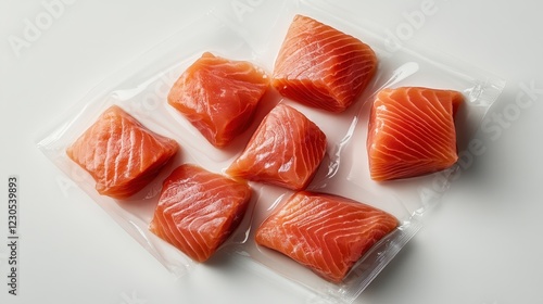 Freshly packaged salmon fillets are displayed in a stylistic layout, showcasing their rich color and quality, appealing to seafood enthusiasts and health-conscious eaters alike. photo