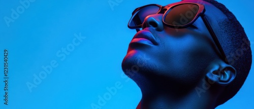 Stylish Black man wearing sunglasses with colorful neon lighting Portrait of a fashionable African American male with a cool and trendy look against a vibrant blue background Concepts of fashion, styl photo