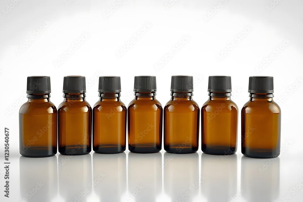 Six Amber Glass Bottles with Black Caps Product Mockup Six Amber Glass Bottles with Black Caps Product Mockup