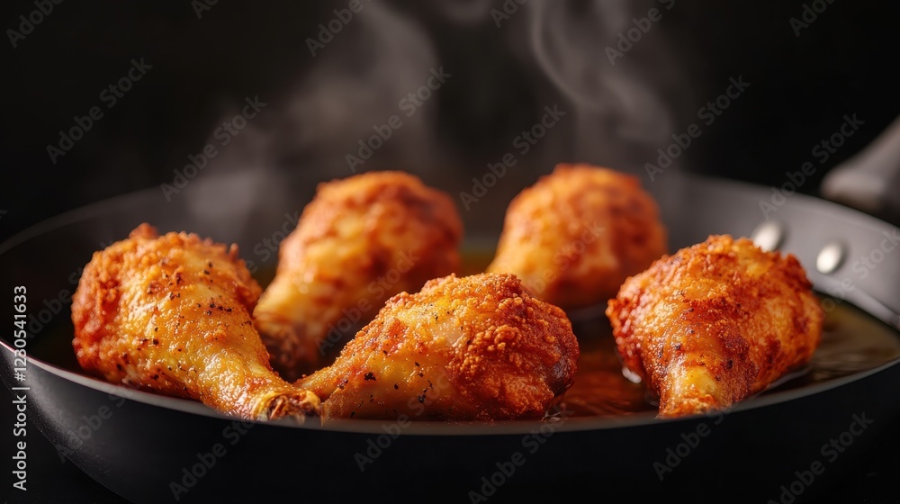 Golden brown and crispy chicken drumsticks sizzling in a hot skillet, showcasing their enticing texture and mouth-watering aroma. Perfect for a hearty meal or appetizer. Golden brown and crispy chicken drumsticks sizzling in a hot skillet, showcasing their enticing texture and mouth-watering aroma. Perfect for a hearty meal or appetizer.
