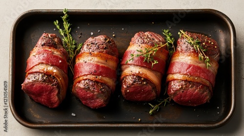 Four gourmet bacon-wrapped beef tenderloins elegantly plated, showcasing rich colors and textures, ready for a sumptuous dining experience that excites the palate. photo