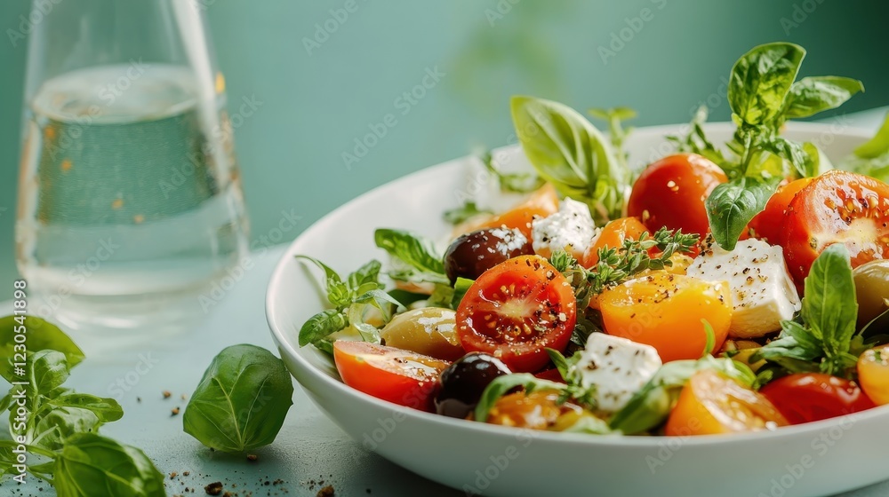 A colorful salad featuring cherry tomatoes, olives, basil, and fresh herbs, showcasing the beauty of healthy eating in a bright, appealing presentation. A colorful salad featuring cherry tomatoes, olives, basil, and fresh herbs, showcasing the beauty of healthy eating in a bright, appealing presentation.