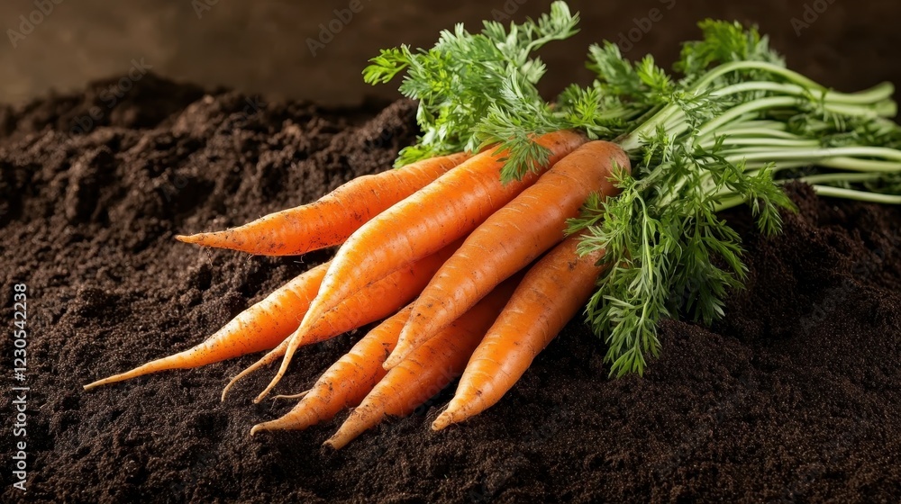 A vibrant bunch of fresh carrots with green tops, resting on rich, dark soil, showcasing the beauty of organic produce and the connection to nature's bounty. A vibrant bunch of fresh carrots with green tops, resting on rich, dark soil, showcasing the beauty of organic produce and the connection to nature's bounty.