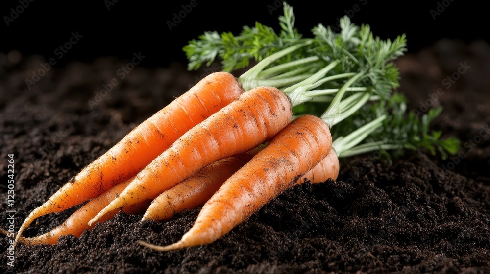 A close-up view of harvested carrots partially buried in dark soil, emphasizing their freshness and natural beauty, perfect for healthy eating and organic food representations. A close-up view of harvested carrots partially buried in dark soil, emphasizing their freshness and natural beauty, perfect for healthy eating and organic food representations.