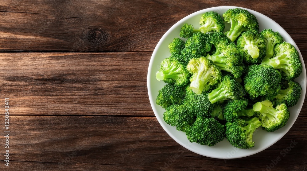 An overhead view of a large plate filled with fresh broccoli set against a rustic wooden background, showcasing its vibrant green color and appealing natural beauty. An overhead view of a large plate filled with fresh broccoli set against a rustic wooden background, showcasing its vibrant green color and appealing natural beauty.